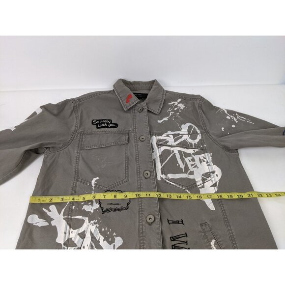 Zara Basic Outerwear Button Down Painted Patches Graffiti Jacket Size Small - Picture 8 of 10